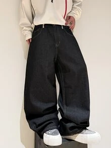 1件 Justice Brother 韩版个性街头豹纹拼接黑色牛仔裤，宽松阔腿裤，时尚百搭长裤（不含腰带和配饰） - 黑色 - 查看 4