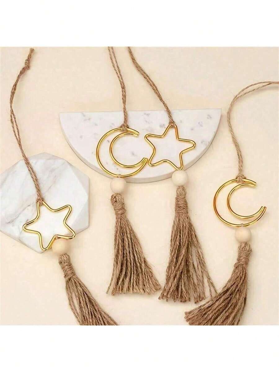 2pcs Moon & Star Hanging Decorations Set With Tassels, Islamic Festive Home Decor Accessories, Premium Metal & Acrylic Ornaments For Home, Tabletop & Tree - Ramadan, Eid Al-Fitr & Holiday Party Decor | Elegant Islamic Festival Gift & Home Decor Set - Multicolor - View 1