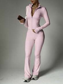 PinkTip Pink Tip Women's Solid Color Seamless Elastic Jacket & Leggings Sports Set, Butt Lifting Slim-Fit Soft Pants, Casual Sportswear For Daily, Fitness, Workout, Running, Yoga, Pilates - Party Punch - View 7