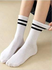 6双装三色黑、白、灰条纹中筒袜，男女通用，休闲运动长袜，适合搭配内衣裤，女性可外穿，学生运动长袜，条纹中筒袜（1/5/6双装） - 彩色 - 查看 6