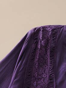 舒适时尚的极简主义七分袖V领系腰连衣裙，优雅清新 - 紫色 - 查看 7