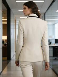 Áo blazer cổ bẻ tay dài phối màu cổ điển thanh lịch thường ngày phù hợp đi làm, đi nghỉ mát, công sở, chuyên nghiệp, áo khoác mùa xuân màu trắng - trắng - Xem 2
