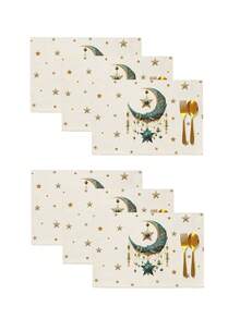 4/6 قطعة من الحصائر المستطيلة المنسوجة من البوليستر، بتصميم القمر والنجوم، ديكور طاولة الطعام والحفلات المنزلية، بمقاس 30*45 سم، عازلة للحرارة، مناسبة للمطبخ والاستخدام الداخلي والخارجي