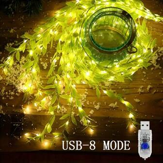 1pc,100LED Willow Leaf Curtain String Light With 8 Lighting Modes,USB Powered Artificial Plant Decoration Lamp,For St Patricks Day Easter Valentines Day Birthday Party Prom Wedding Home Room Wall Window Festival Gift Wrap, Perfect For Christmas Gifts, Holiday Office, Bedroom, Hotel, Party, Restaurant Decoration