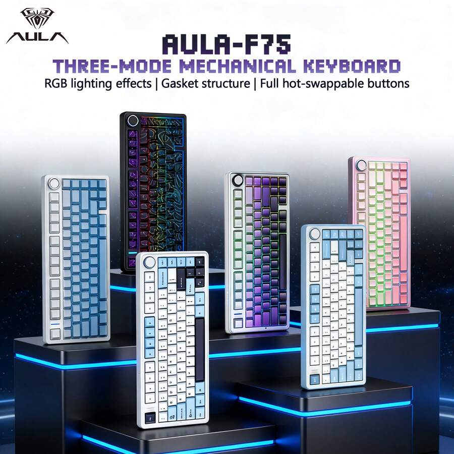 AULA Bàn phím cơ tùy chỉnh ba chế độ F75 hỗ trợ kết nối không dây Bluetooth, có bố cục 75% với cấu trúc gioăng, đèn nền RGB, tất cả các phím đều có thể thay thế nóng và một núm xoay đa chức năng. Nhỏ gọn và tiện dụng, phù hợp cho game thủ và người dùng doanh nghiệp.