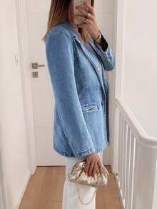 Women's Denim Blazer Jacket Casual Notched Lapel Jean Coat Long Sleeve Button Down Office Outwear With Pockets - Rửa nhẹ - Xem 5