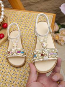 新款夏季女童波西米亚风露趾防滑软底平底凉鞋，沙滩派对鞋 - 米色 - 查看 1