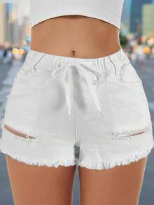 Celana Pendek Denim Wanita dengan Saku, Model Sobek, Elastis, dan Tali Serut, Warna Putih, Kasual untuk Musim Panas - Putih - View 5