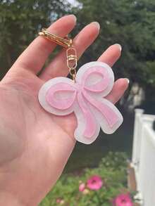 Valentine's Day1pc Pretty Pearlescent Pink And White Bow Keychain With Gold Features Valentine's Day Valentines Car Accessories Bag Charm School Cute Goth Y2k Bag Lanyards With Id Holder Car Accessories Bag Charms - 粉色 - 查看 1