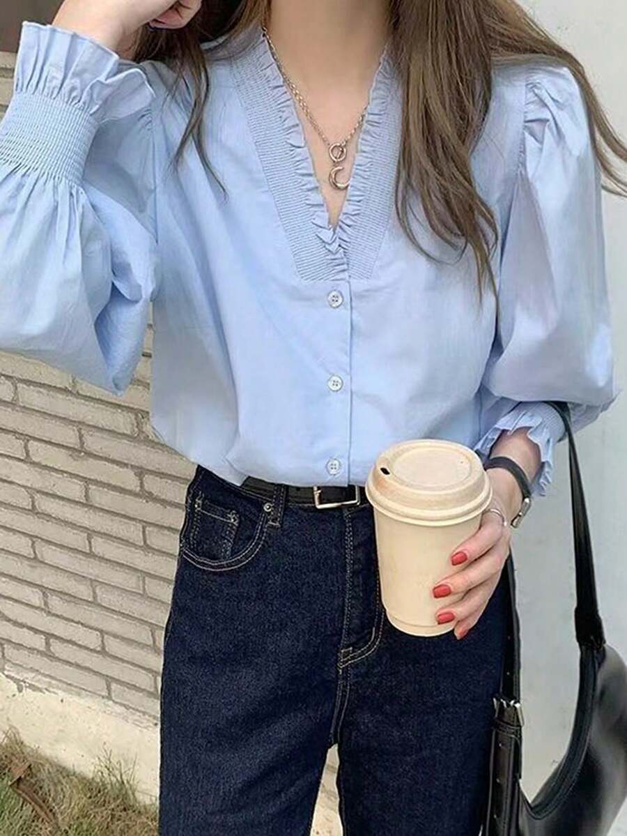 Blusa con cuello en V francés, con volantes, mangas abullonadas para mujeres, diseño único, estilo coreano elegante, adecuada para primavera y otoño - Azul - Ver 1