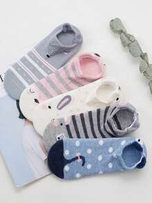 6 pares de calcetines invisibles tipo barco de vamp bajo con estampado de animales de dibujos animados lindos para mujer, colores aleatorios - Multicolor - Ver 3