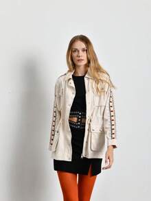 Cream White Jacket With A Drawstring Waist, Multiple Pockets, And Geometric Embroidered Sleeves- MADE IN TURKEY - White - View 3