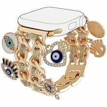 1 pieza Correa de reloj inteligente de cadena doble de metal con colgante de ojo de diablo de moda, compatible con Apple Watch Series 11/10/9/8/7/SE/6/5/4 Ultra1/2/3, tamaños: 38mm/40mm/41mm/42mm/44mm/45mm/46mm/49mm, se puede usar como pulsera o brazalete, adecuado como regalo para la novia en Año Nuevo, Navidad, cumpleaños - Dorado - Ver 6