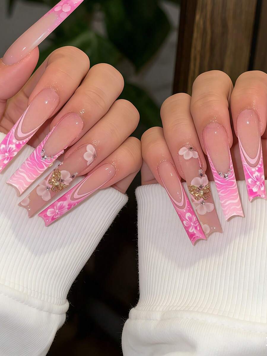 Instantly Upgrade Your Look With 24pcs Press On Nails Short Square Nails Elegant Butterfly Hawaiian Flowers Shining Diamond French Tip Nails Full Coverage Fake Nails For Women And Girls Includes 1sheet Adhesive Tabs & 1pc Mini Files Suitable For Party Date And Office Daily Wear False Nails Jelly Glue Is Randomly Shipped - Multicolor - View 1