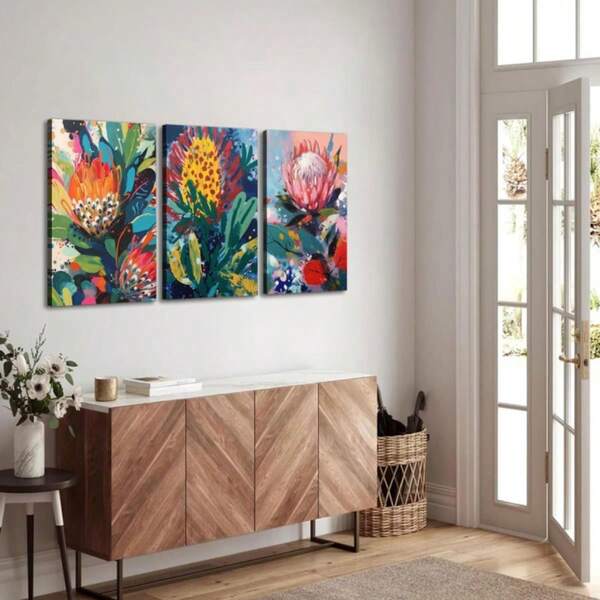 3 Pieces Of Optional Frame Canvas Print Decorative Painting, Canvas Poster, Modern Art, Australian Native Flora Abstract Art Prints, Ideal Gift For Bedroom Living Room Corridor, Wall Art, Wall Decor, Winter Decor, Room Decoration