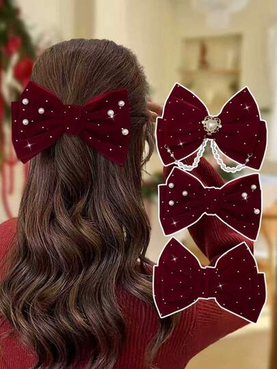1/3件套优雅奢华圣诞发饰套装，女士款，闪亮水钻和仿珍珠，红色蝴蝶结发夹，派对角色扮演，发夹，圣诞礼物，新年礼物