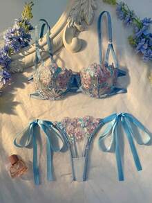 Shipping From The USA Sky Blue Embroidered Strap Women's Underwear Set - Màu xanh nhạt - Xem 7