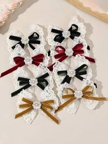 2Pcs Elegant Large Lace Bow Hair Clips For Girls - Burgundy, Green, Black, Khaki & White Floral Barrettes With Ribbon-Like Bows, Hair Accessories For, Weddings, Prom, Christmas, Valentine's Day Gifts (Lace Hair Clips For Braids) - A Pair - View 6
