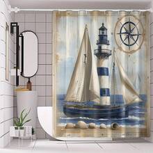 航海主题浴室装饰套装，4 件套帆船图案防水涤纶浴帘，附赠 12 个挂钩，可机洗，编织海洋艺术主题配件，防水编织设计 - 彩色 - 查看 3