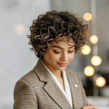 P4/27 高光精灵短发真人发假发，带刘海，卷曲波浪发型，6英寸/15.24厘米层次水波纹发型，180%密度巴西原生发，无胶假发，完美适合日常佩戴、派对、圣诞节和节日庆典。