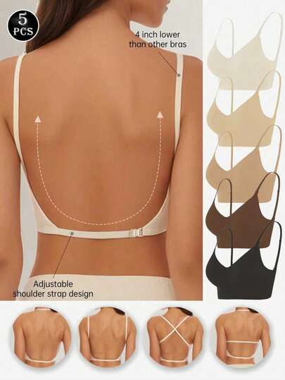 5pcs/Set Women's Seamless Backless Strapless Bras - Lightweight Breathable Thin Cup, Adjustable Straps, Light Support (Suitable For A/B Cup) - Suitable For Weddings, Formal Occasions, Camisole, Summer Wear