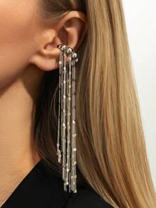 1pc Minimalist Fashion Creative Faux Piercing Beaded Tassel Ear Cuff (Single) - Silver - View 8