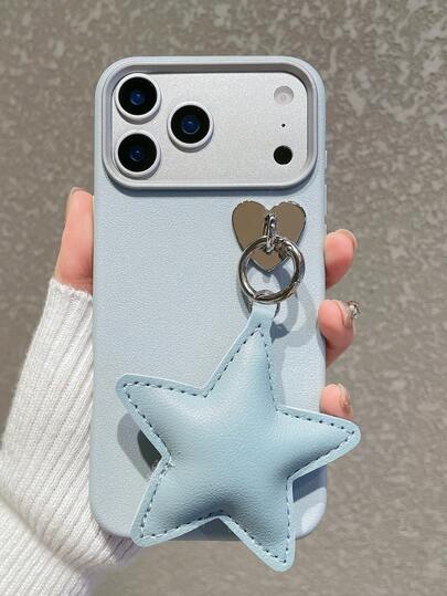 合金皮革奢华蓝色心形元素仿皮纹理手机壳，四角防摔，日常必备，皮革星形图案，防刮防滑，兼容苹果手机，国际版，非国内版，复活节春季礼物
