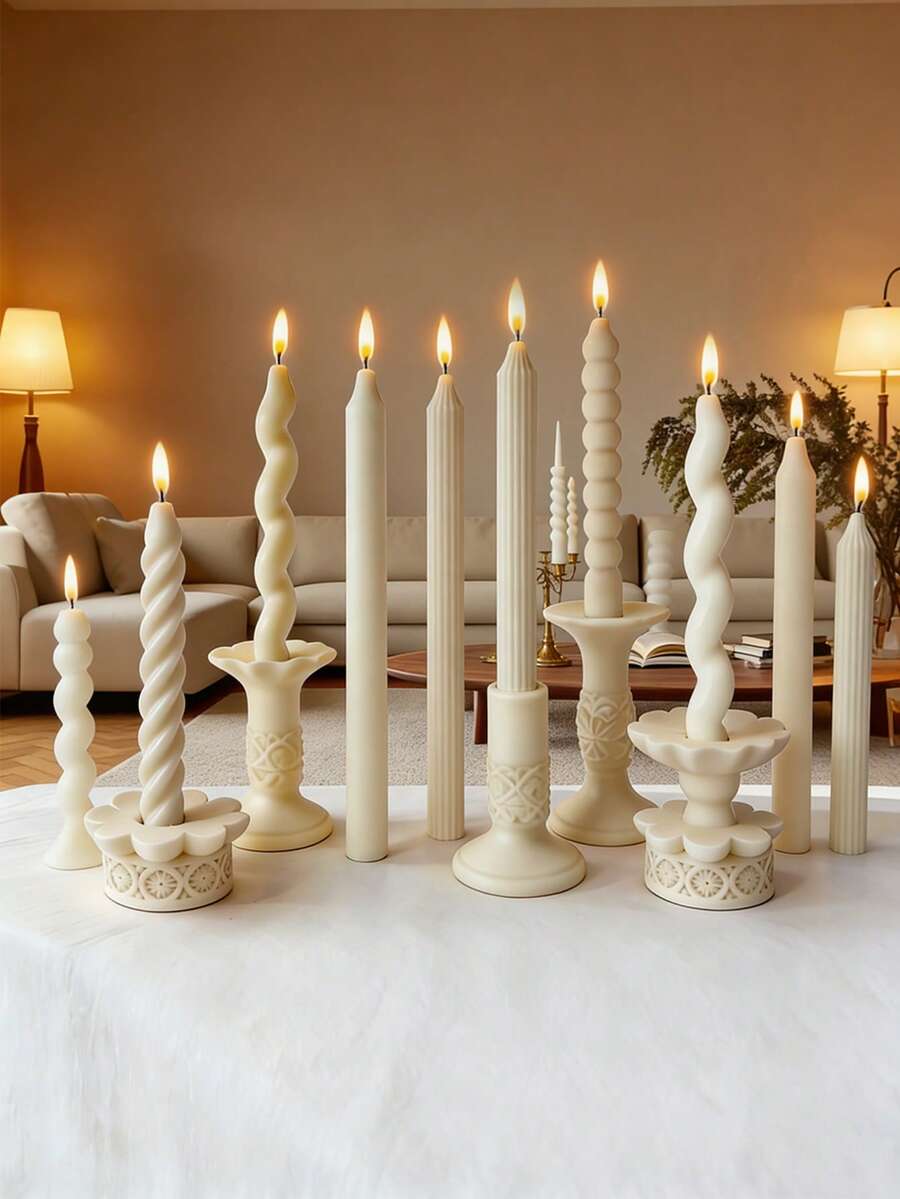1 pieza Molde de silicona para vela larga a rayas - Diseño de columna a rayas con varilla larga roscada, adecuado para velas DIY, jabón hecho a mano y producción de artesanía, molde para vela de aromaterapia | Diseño de vela artístico | Molde de patrón exquisito, molde de vela de silicona - Blanco - Ver 1
