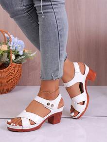 Sandalias de verano de punta abierta, plataforma de madera vintage, tacón grueso y macizo, diseño con hebilla de correa - Blanco - Ver 5