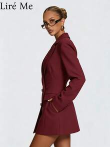 Liré Me French-Style Vintage High-End Tailored Suit Dress With Deep V-Neck, Puff Sleeves, Faux Pockets, And A Cinched Waist - 紅色 - 查看 2
