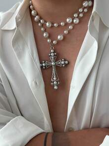 2pcs/Set Men's Fashion Faux Pearl Copper Cross Pendant Double Layer Necklace, Baroque Style, Suitable For Daily Wear, Party And Gathering - 2-piece Necklace Set - View 5