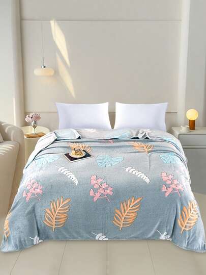 1 Paquete 200*220CM De Frazada De Felpa De Coral Con Estampado De Flores Y Hierba,Adecuada Para Sofá, Dormitorio, Sala De Estar, Confort Total, Uso En Viajes, Manta Para Siesta, Imagen De Referencia De Tamaño, Lavable A Máquina