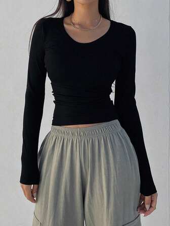 女性用 無地 ニット リブ クルーネック トップス、レイヤリング アンダーシャツ、長袖Tシャツ デイリー、ホーム、通勤、バケーション、ビーチ用