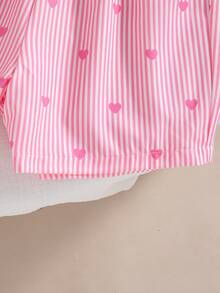 2pcs Girls Casual Striped Heart Print Decor Camisole Top And Elastic Waist Shorts Set, Spring/Summer - 粉色 - 查看 9