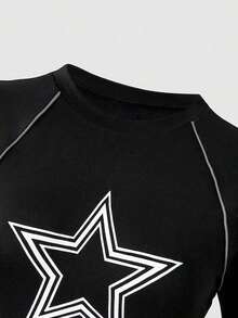 Tween Girl 5-Pointed Star Print Raglan Short Sleeve T-Shirt And Pants Casual Outfit - Black - View 3