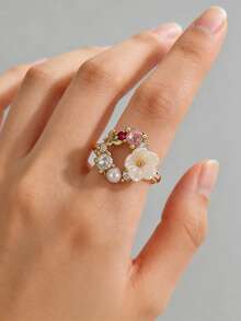 Bộ 5 chiếc nhẫn hở có thể điều chỉnh kích thước, thiết kế hoa văn, hình học, bướm thanh lịch, đính đá Cubic Zirconia và ngọc trai giả, phù hợp cho nữ giới đeo hàng ngày, đi nghỉ mát, dự tiệc, mặc thường ngày, thời trang, mùa xuân/hè (Không kèm hộp quà). - Vàng - Xem 9