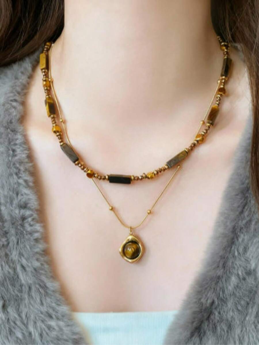 1pc Elegant Minimalist Multi-Color Low Saturation Necklace, Versatile For Autumn/Winter - Multicolor - View 1
