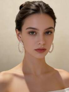 1 Pair Elegant Beaded Faux Pearl Wrap Around Earrings, Fashionable & Versatile For Party, Daily Casual Wear - Silver - View 3