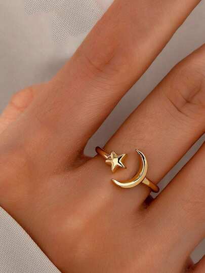 1pc Gold-Color Cubic Zirconia Star & Moon Design Ring, Fashion Jewelry For Teenagers, Girl, Valentine's Day Gift