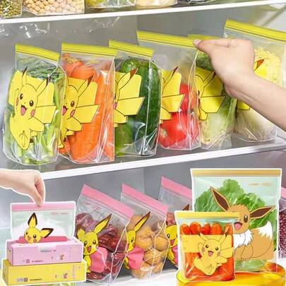 可重复使用的皮卡丘储物袋，透明密封食品袋，带压力封条，塑料容器，旅行配件，礼品
