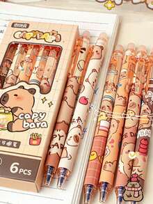 1支/3支/6支装可爱卡通水豚可擦凝胶笔，随机图案，办公/学校书写礼盒装，学生文具小奖品，书写流畅速干，日常书法笔尖，学习用品，生日、节日、派对礼物，水豚，可爱文具，返校季 - 彩色 - 查看 7