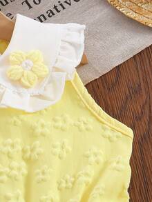 春夏女童休闲碎花图案3D花朵装饰彼得潘领无袖中长连衣裙，柔软舒适的梭织面料，适合户外穿着 - 黃色 - 查看 5