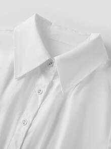 Women Lace Trim Summer Blouse Slim Fit Collared Short Sleeve Button-Up Crop Casual Tops - White - View 3