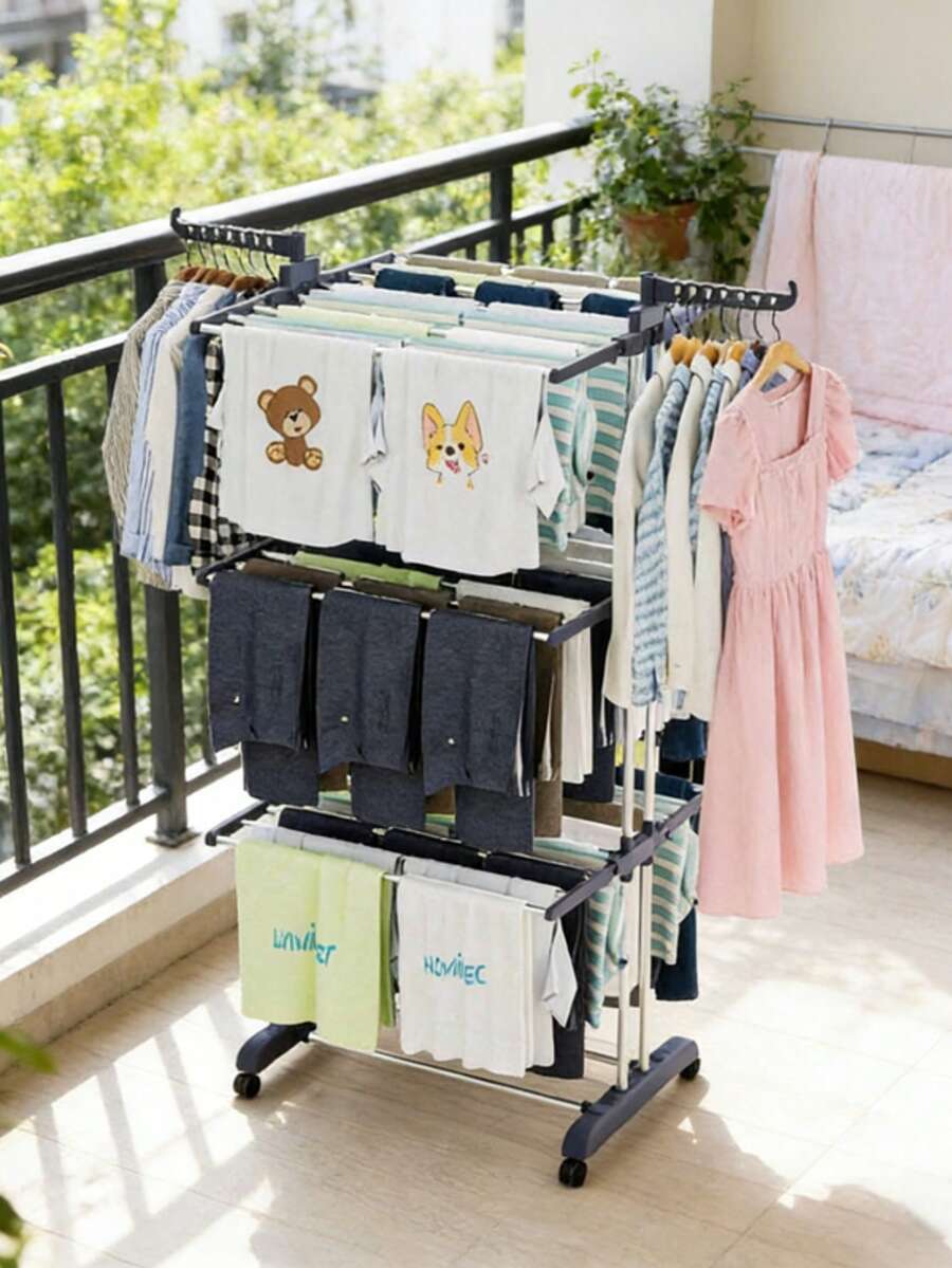 EZIFY 4-Tier Oversized Foldable Stainless Steel Drying Rack (24 Poles +14 Hooks), 60.7" High Movable Laundry Rack (4 Castors) For Home/Dorm/Hotel, Grey