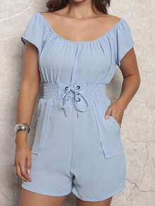 Women's Jumpsuit With Eyelets, Short Sleeves, Elastic Waistband, Perfect Fit, Side Pockets, Elegant, For Parties, End Of Year, Fabric, Pockets, Belt, Knot, Vacation, Holiday, Travel, Spring/Summer - 青碧色 - 查看 6
