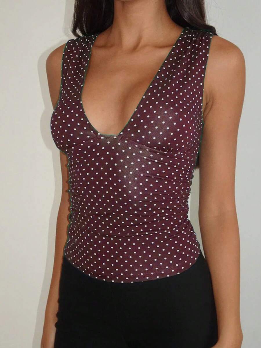 Women's Sleeveless Tank Tops Summer Stylish Dot Print V Neck Slim Fit T-Shirt - 酒紅色 - 查看 1