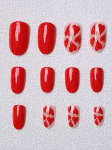 24 قطعة أظافر مستعارة قصيرة مستديرة لعيد الحب، بتصاميم قلب أحمر وتصاميم بسيطة، أظافر اصطناعية لامعة مناسبة لحفلة عيد الحب واللبس اليومي، تأتي مع جيل جيلي وملفات أظافر