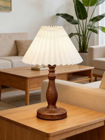 1pc LED Wooden Grain Metal Desk Lamp, Retro Fabric Pleated Lampshade Soft Light, Nordic, Italian Style, Rustic Living Room Bedroom Modern Minimalist Reading Study Desk Personalized Creative Minimalist, Warm Light Decor Multi-Purpose Warm Light Camping Romantic Elegant Atmosphere Bedside Nightlight