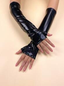 1 Pair Solid Color Reflective Patent Leather Fingerless Gloves, Suitable For Street Dance, Stage Performance, All Seasons - A - View 3