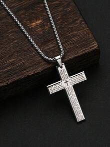 CCO 1件简约时尚十字架吊坠项链，不锈钢材质，适合男士休闲穿着 - 銀色4 - 查看 5